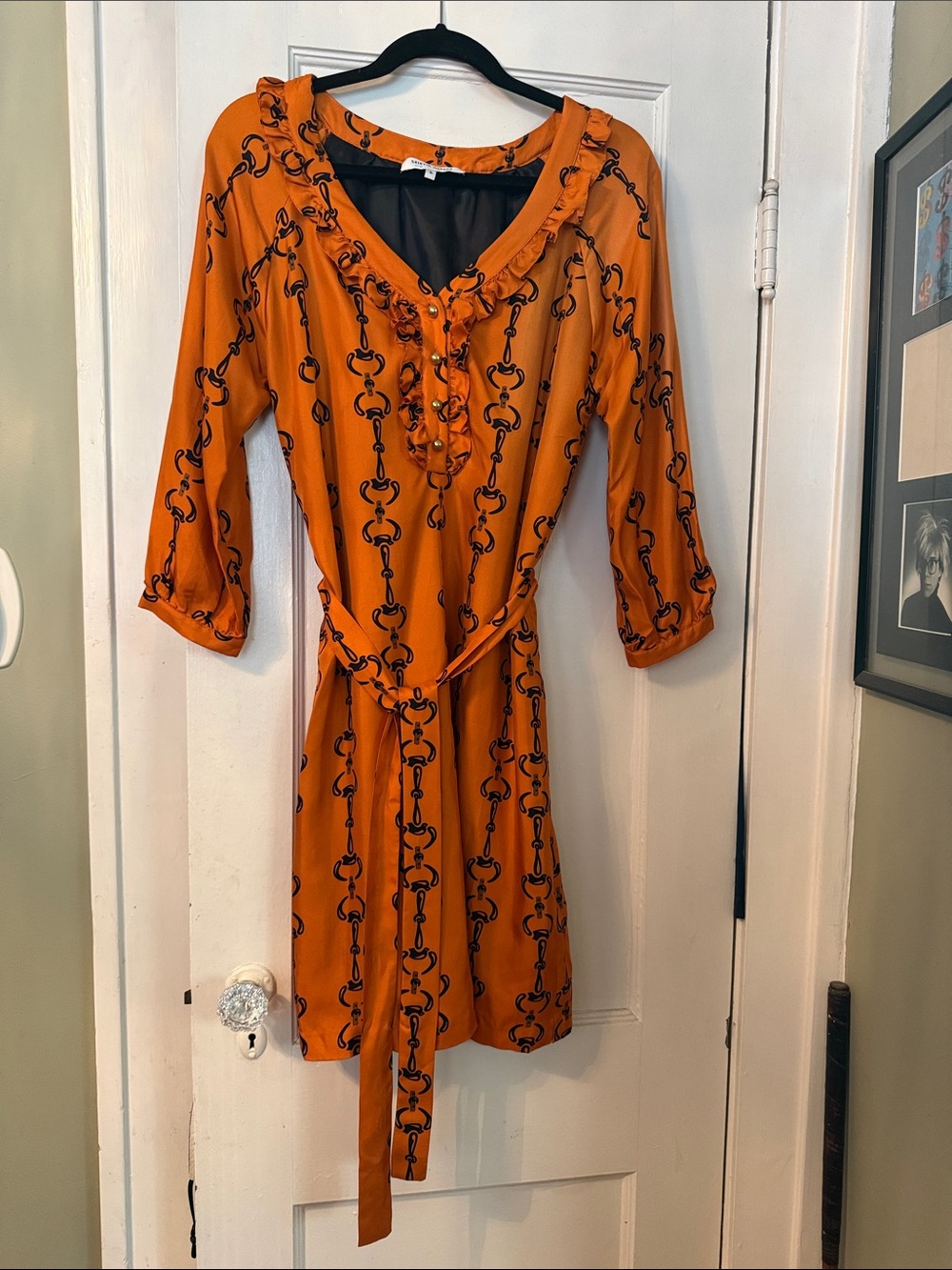 Orange and Navy Stirrup Equestrian-Print Ruffle Neck Belted Silk Dress